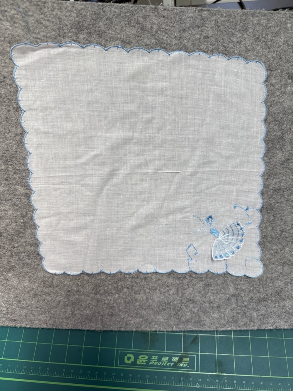 Embroidered White Linen Handkerchief with Blue Scalloped Edge and Ballet Dancer